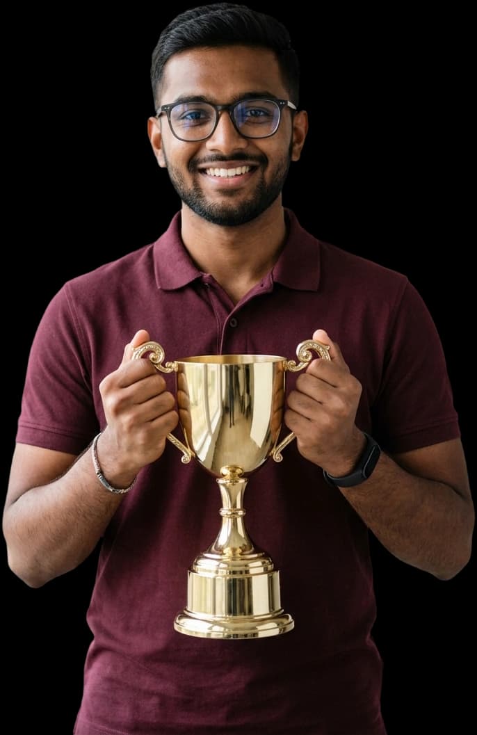 VV Academy student celebrating selection with trophy