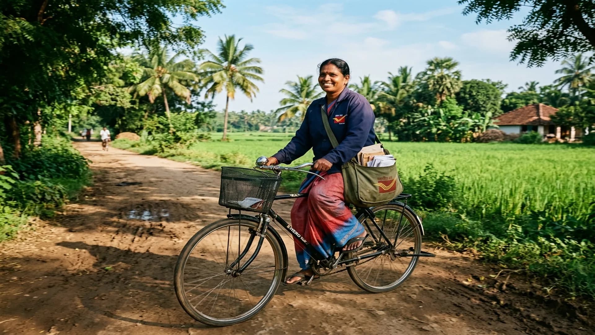 South Indian postwoman riding bicycle with canvas mail bag along rural Krishna district road