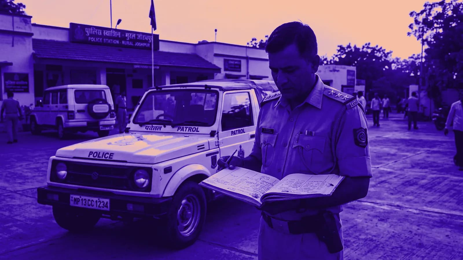 Sub-Inspector in khaki inspecting tactical crime incident logbook beside white police cruiser in station forecourt during golden hour