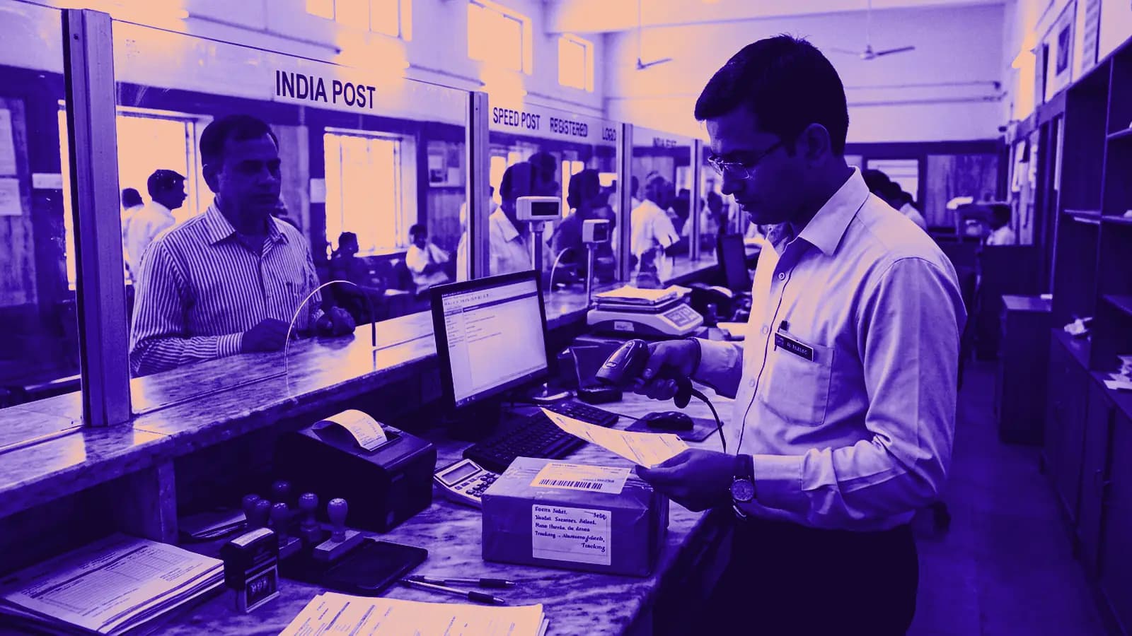 Postal assistant verifying customer document with barcode scanner behind marble booking counter partition
