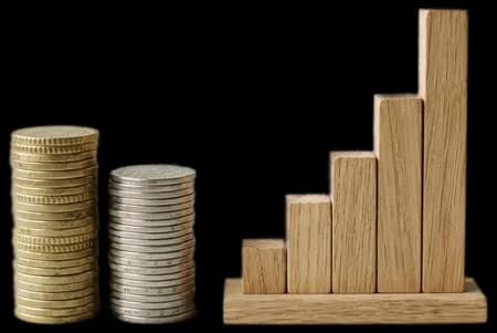 Economy stacked coins and bar-chart block cutout