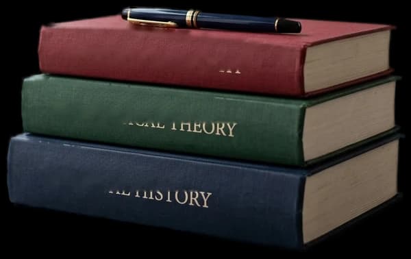 Stack of study books with fountain pen