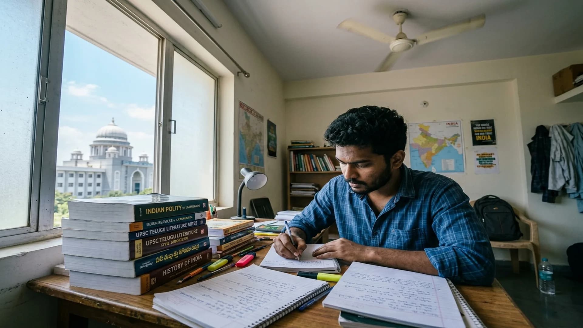 Aspirant studying intently at wooden table with books under ceiling fan with government secretariat view