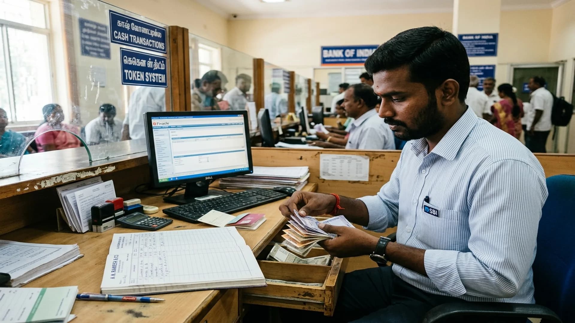 Young bank clerk at branch counter counting currency notes with ledger and computer monitor in window daylight