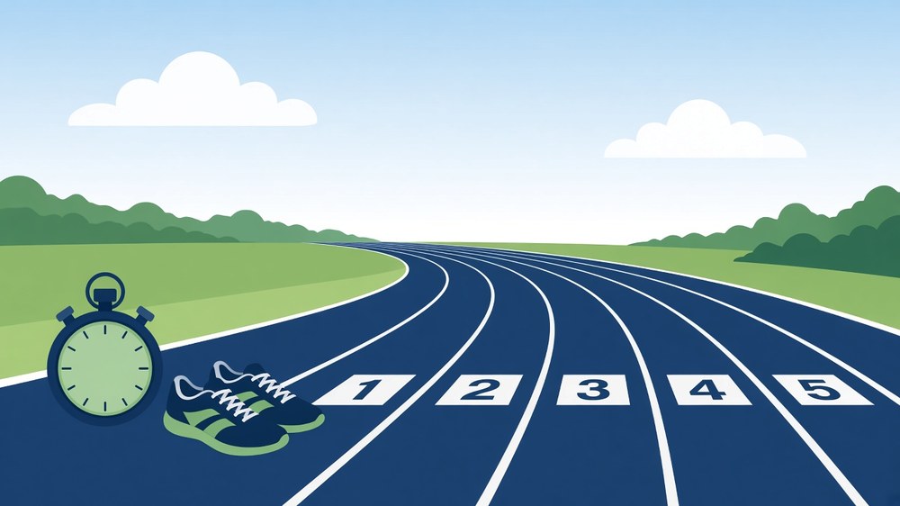 Illustration of a running track with a stopwatch and running shoes for the physical efficiency test