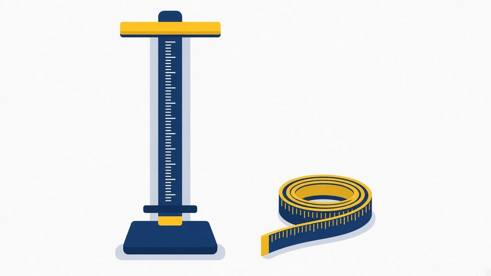 Illustration of a height measuring stand and a rolled measuring tape used in a physical measurement test